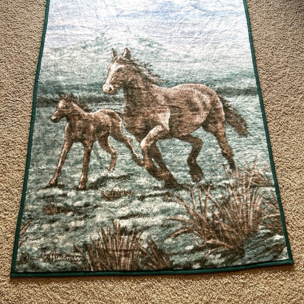 Biederlack Horse & Foal Throw Blanket Fleece Equestrian 58"x77" VTG Green Brown